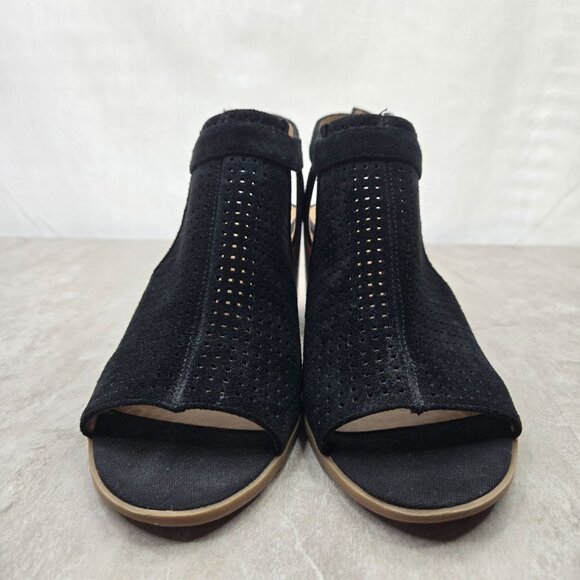 Franco Sarto Heeled Sandals Sz 8 Black Perferated Suede Dressy Block Heel Shoes - Picture 4 of 12